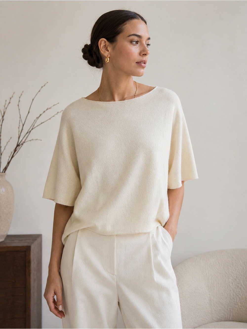 The Row 100% Cashmere Ivory Short Sleeve Sweater Size S Luxury Minimalist Top